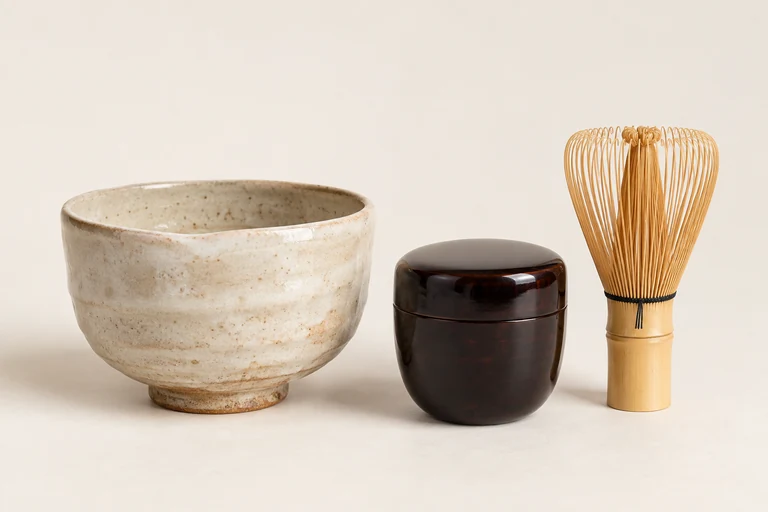 茶碗、棗、茶筅の茶道具セットの仮イメージ(AI生成)
