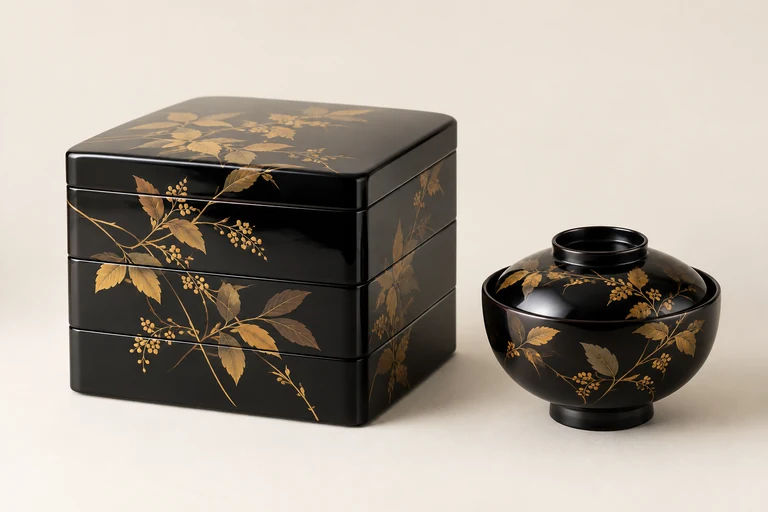 黒漆の金蒔絵重箱と椀の仮イメージ(AI生成)
