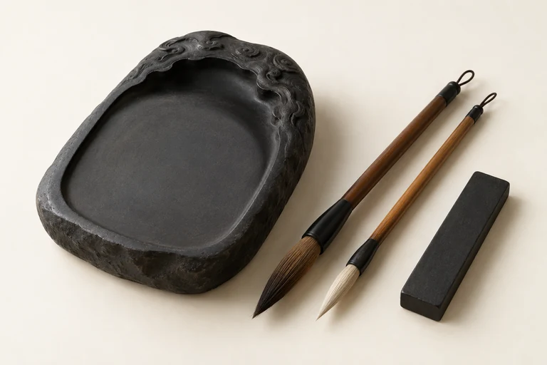 黒い硯、筆、墨の書道具の仮イメージ(AI生成)