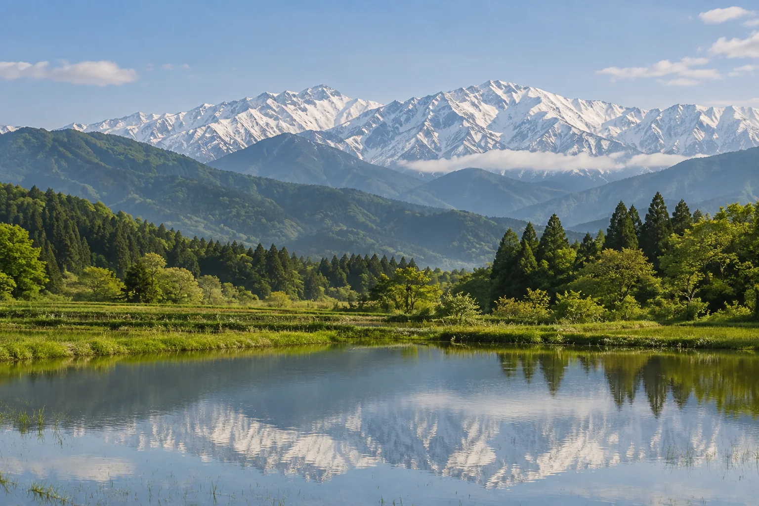 雪をいただく山並みと緑の水辺。立山連峰をイメージしたAI生成の風景